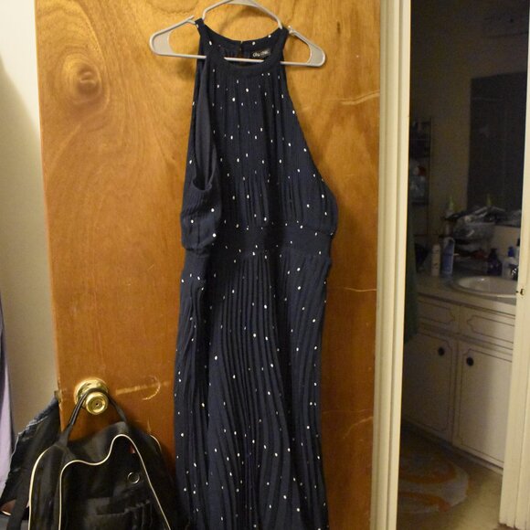 City Chic - Sz 20 (L) - Navy Blue with Khaki Spots Midi Dress - Picture 2 of 5
